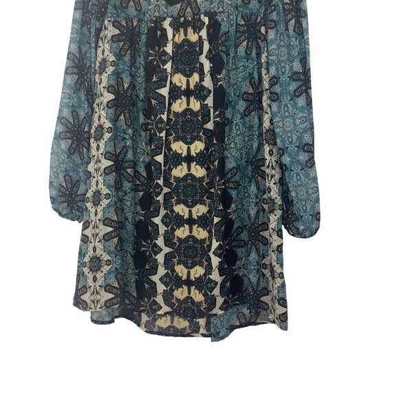 Free People Women SZ XS Boho Long Sleeve Printed Tunic Dress In Blue & Cream - Picture 14 of 14
